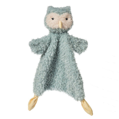 The Again Friends Owl Lovey by Mary Meyer is a plush teal owl made from recycled plastic, featuring small wings and yellow feet. Its fluffy texture stands out against a crisp white background, offering an eco-friendly stuffed animal option.