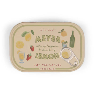 The Paddywax Meyer Lemon Bistro Printed Tin Candle comes in a rectangular tin decorated with lemons, strawberries, lemonade, and a green bottle. Its two wicks fill the air with tangerine and strawberry scents.