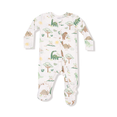The Baby Love Dinos Two-Way Zipper Footie by Angel Dear features playful green and brown dinosaur, tree, volcano, and sun prints in a cartoon style on white fabric.