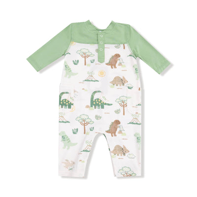The Baby Loves Dinos Contrast Sleeve Romper by Angel Dear features green long sleeves, a snap-button collar, and a white organic cotton muslin body with colorful dinosaur prints. Machine wash gentle, tumble dry low for easy care.