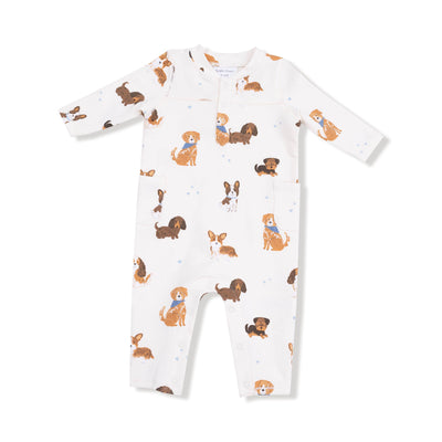 The Best Friend Dogs Uni Romper by Angel Dear is a white long-sleeve romper with playful brown and tan cartoon dog prints, crafted from soft bamboo viscose.