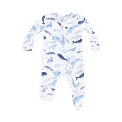 The Blue Whales Two-Way Zipper Footie by Angel Dear is a white bamboo fiber onesie featuring long sleeves and cozy covered feet. It has a front zipper and showcases blue whale and marine life patterns with sea creatures and waves.