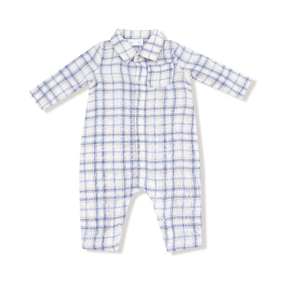 The Blue Plaid Polo Romper w/ Full Placket by Angel Dear is a long-sleeved, full-length baby romper in soft organic cotton muslin, featuring a button-down front, collar, chest pocket, and blue and white plaid design.