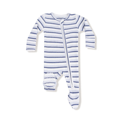 The Angel Dear Blue Vintage Stripe Ribbed Two-Way Zipper Footie features blue and white stripes, a diagonal two-way zipper from neck to left leg, and attached footies—perfect cozy pajamas for your little one.
