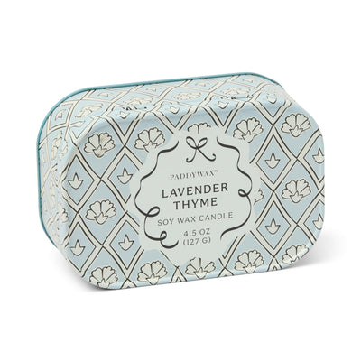 Paddywax Lavender Thyme candle in decorative tin packaging on a white background