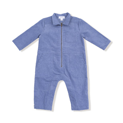 The Corduroy Stonewash Retro Jumpsuit by Angel Dear features long sleeves, a front zipper, chest and front pockets, and a collar. Made from soft organic cotton with spandex. Machine washable. Shown laid flat on a white background.