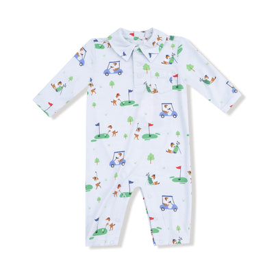 The Dog Gone Golf Polo Romper by Angel Dear features playful dog golf illustrations, a collar, and easy snap buttons. Made from soft bamboo viscose for babys comfort.