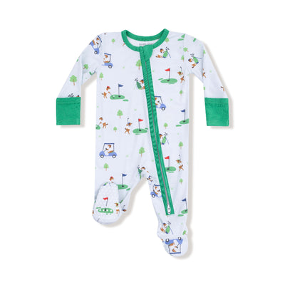 The Dog Gone Golf Two-Way Zipper Footie by Angel Dear features a golf-themed print with carts, flags, trees, and golfers on white bamboo fabric with green trim, plus fold-over cuffs for added comfort in infant sleepwear.