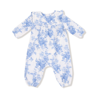 The Angel Dear Dream Cottage Floral Blue Ruffle Sleeve Romper features long sleeves, ruffled shoulders, and elastic cuffs in organic cotton muslin with a white and blue floral print. Machine wash gentle, tumble dry low.