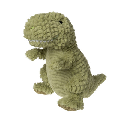 The Fabfuzz Checkers T-Rex by Mary Meyer is a cuddly green dinosaur plush made from recycled plastic, featuring a textured surface and upright stance. With small black eyes, a stitched mouth, and short arms, its both friendly and machine washable for easy care.