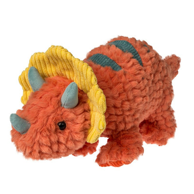 Orange triceratops with blue stripes and a yellow mane