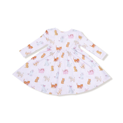 The Fancy Pets Long Sleeve Twirly Dress by Angel Dear features a flared skirt, white background with pastel stripes, and playful cartoon animals in brown, tan, pink, and blue tones.