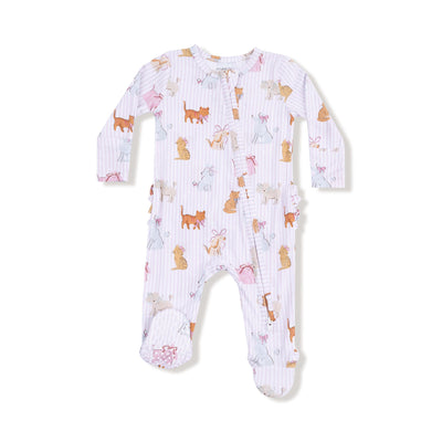 The Fancy Pets Ruffle Back Two-Way Zipper Footie by Angel Dear features long sleeves, a side zipper, fold-over cuffs, and playful cat, dog, and rabbit prints on a light striped background for comfort and style.