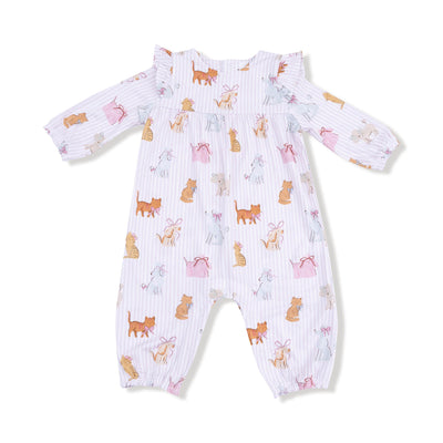 The Fancy Pets Ruffle Sleeve Romper by Angel Dear is a soft bamboo viscose long-sleeve romper with pastel cats, dogs, and rabbits on white with light purple stripes. Features ruffle shoulders, gathered cuffs, and is machine washable.