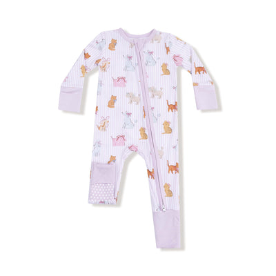 The Fancy Pets Two-Way Zipper Romper by Angel Dear is a pale pink bamboo romper with long sleeves, cartoon animal print, lavender fold-over cuffs, a diagonal zipper, and non-slip grips—gentle on sensitive skin.