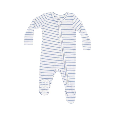 The French Stripe Dusty Blue Ribbed Two-Way Zipper Footie by Angel Dear features light blue and white horizontal stripes, long sleeves, cozy footies, fold-over cuffs, and a diagonal front zipper from neck to left leg for easy dressing.