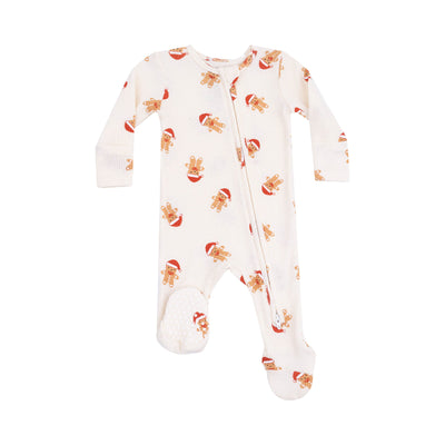 The Gingerbread Two-Way Zipper Footie by Angel Dear is a white, long-sleeve baby onesie featuring gingerbread men in Santa hats, a diagonal two-way zipper from neck to leg, and a soft zipper guard for comfort.