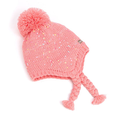 The Peppercorn Kids Girls Speckled Knit Winter Hat with Braids in pink features cozy fleece lining, earflaps, braided tassels, multicolored specks, and a large pom-pom—perfect for staying warm and stylish all winter.