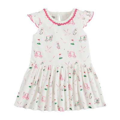 The Mud Pie Golf T-Shirt Dress charms with flutter sleeves and a pink-and-green golf cart pattern on white. Made from cotton rib, it features a round ric-rac neckline with scalloped trim and a gathered skirt for playful elegance.