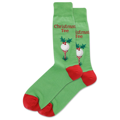 HOTSOX Men's Christmas Tee Crew Socks feature green cotton with red toes and heels, a festive golf ball on a candy cane tee with holly leaves, and "Christmas Tee" above. Machine washable, fits men’s shoe sizes.