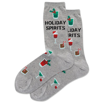 HOTSOX Women's Holiday Spirits Crew Socks feature festive drinks, holly, and “Holiday Spirits” text on soft, machine-washable gray cotton blend—an easy-care way to add holiday cheer to your look.