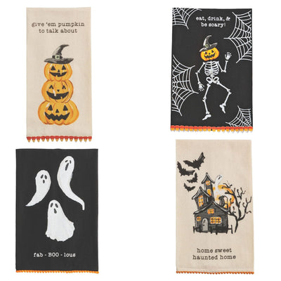 Add festive flair to your kitchen with Mud Pie’s Halloween Trim Towels—four flour sack towels featuring a pumpkin stack with witch hat, skeleton with webs, three ghosts, and a haunted house with bats and full moon.
