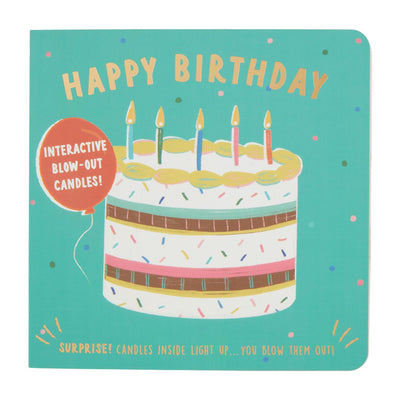 The cover of the Happy Birthday Board Book by Mud Pie shows a colorful cake with five lit candles. The text says, HAPPY BIRTHDAY and features an interactive element where you can blow out the candles. Join the celebration as the candles light up! The background is teal with confetti.