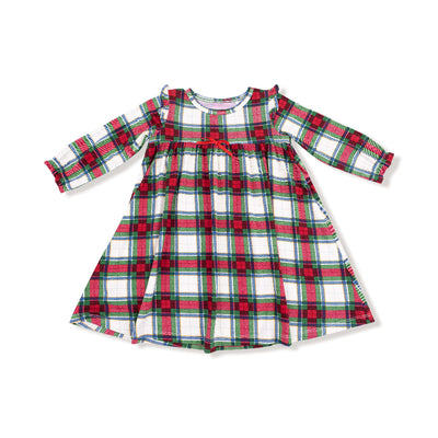 The Holiday Plaid Loungewear Gown by Angel Dear features a red, green, and white holiday plaid pattern, long sleeves, knee-length design, and a cute front bow—perfect for matching family sleepwear.