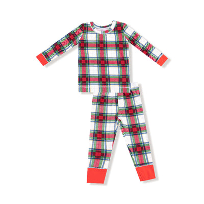 The Holiday Plaid Loungewear Set by Angel Dear features ultra-soft children's pajamas with a red, green, and white plaid pattern, long sleeves, and bright red cuffs on both the top and pants for a cozy, snug fit.