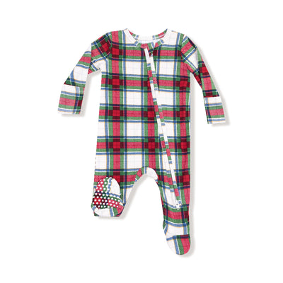 Keep your baby cozy in the Holiday Plaid Two-Way Zipper Footie by Angel Dear featuring a red, green, and white plaid pattern, long sleeves, footies, an asymmetric zipper, and a playful polka dot patch on one foot.