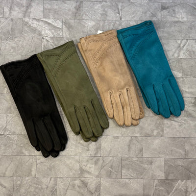 Four pairs of Pretty Persuasions Loretta Gloves in black, olive green, beige, and teal are arranged side by side on gray tiles. Made with polyester and spandex, some pairs feature touchscreen-compatible fingertips for convenience.