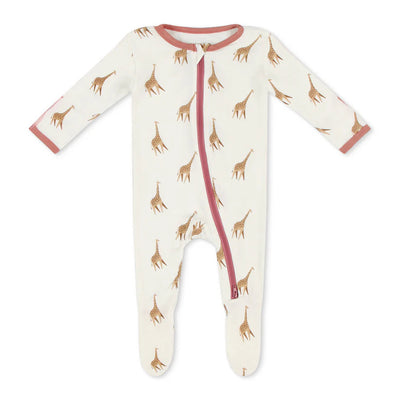 The Bamboo Little Giraffe Zippered Footie is a white, long-sleeve baby onesie with feet, featuring a brown giraffe print and a pink diagonal zipper. Made from super soft, eco-friendly fabric for ultimate comfort.
