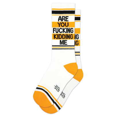 Gumball Poodles Are You Fucking Kidding Me Gym Crew Socks feature unisex cotton comfort, bold black and yellow stripes with yellow accents, and striking text across the ankle—ideal for making a statement at the gym.