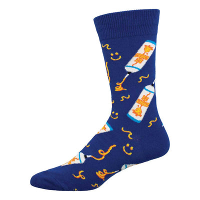 Socksmith Squeeze Da Cheese Mens Socks feature blue bamboo fabric with playful spray cheese cans, squiggly cheese lines, and yellow smiley faces. Naturally hypoallergenic and soft for all-day comfort.