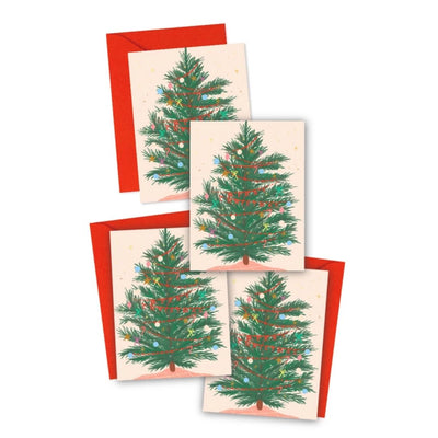 The oh christmas tree boxed cards by Ginger P. Designs include five festive holiday cards with red envelopes, each displaying a decorated Christmas tree and gold stars against a light background—perfect for the season.