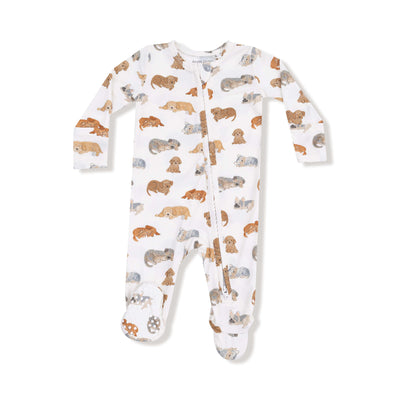 The Napping Puppies Two-Way Zipper Footie by Angel Dear is a white bamboo baby onesie with a side zipper, covered feet, and fold-over cuffs. It features an all-over print of hand-drawn puppies in brown, beige, and gray tones for added comfort.