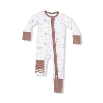 The Neutral Puppies Two-Way Zipper Romper by Angel Dear features long sleeves, fold-over cuffs, an asymmetrical zip, animal line drawings, solid brown accents on the left leg and cuffs—perfect for sensitive skin.