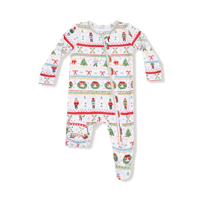 The Nutcracker Fair Isle Two-Way Zipper Footie by Angel Dear features a festive holiday pattern, long sleeves, covered feet, and an angled zipper closure for cozy comfort.