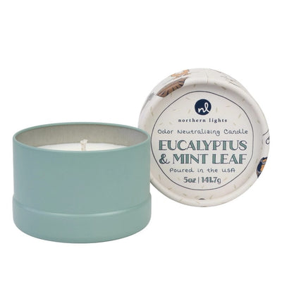 Candle with eucalyptus and mint leaf scent in a light blue container on a white background
