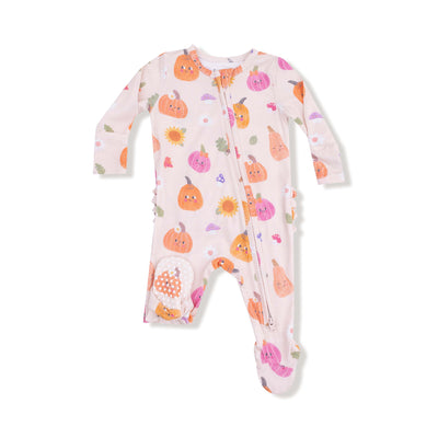 The Angel Dear Pink Autumn Pumpkins Two-Way Zipper Ruffle Back Footie features a charming white background with colorful pumpkins, sunflowers, and leaves. This cozy long-sleeve footie covers the feet and includes a convenient zipper.