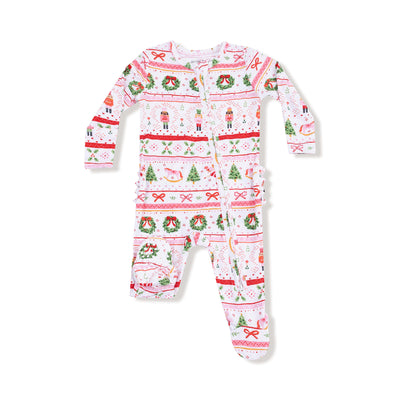 The Angel Dear Pink Sugar Plum Fairy Ruffle Back Two-Way Zipper Footie features long sleeves, pink trim, and a festive holiday print with wreaths, trees, reindeer, stockings, presents, and bows on a white background.