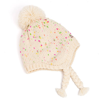 The Peppercorn Kids Girls Speckled Knit Winter Hat with Braids features a cream-colored fleece-lined design, colorful specks, ear flaps, braided tassels, and a pom-pom—keeping girls cozy and stylish all winter.