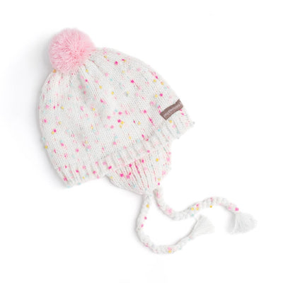 White knit baby hat with colorful dots and a pink pom-pom on a white background