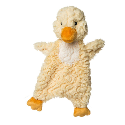 The Mary Meyer Putty Nursery Yellow Duck Lovey is a plush toy made from soft fabric, featuring a fluffy yellow body, white chest, and orange beak and feet. Its perfect for babies and stands out against a plain white background. Conveniently machine washable.