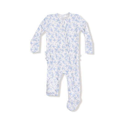 The Romi Floral Ribbed Two-Way Ruffle Back Zipper Footie by Angel Dear is a long-sleeve onesie featuring a blue floral pattern on white, scratch mittens, and a diagonal zipper from collar to ankle.