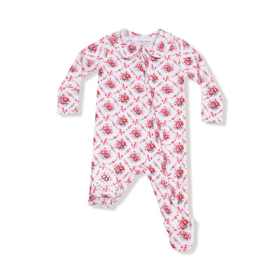 The Angel Dear Rose Bow Lattice Peter Pan 2 Way Zipper Footie is a white bamboo onesie with long sleeves and a pink and red floral pattern, shown flat on a white background. It has a diagonal zipper from neckline to ankle.