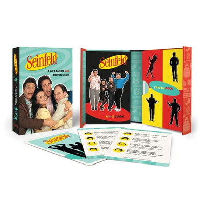 Hachette Book Group’s "Seinfeld: A to Z Guide and Trivia" set features a box with the four main characters hugging, an open booklet with character silhouettes, and several Seinfeld trivia cards spread out in front.