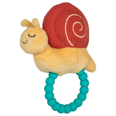 The Skippy Snail Teether Rattle by Mary Meyer features a soft, plush snail with a red spiral shell and closed eyes crafted from earthy toned fabric. The yellow-bodied snail is on a circular green silicone teether, ideal for soothing little ones.