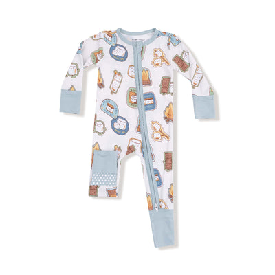 The Angel Dear Smores Two-Way Zipper Romper features playful smores print, light blue cuffs and trim, and a cute polka dot patch—perfect for cozy nights or sweet dreams by the campfire.