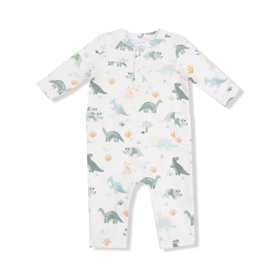 The Angel Dear Soft Dinos French Terry Uni Romper features long sleeves, soft organic cotton with spandex, and playful dinosaur and plant prints in green, blue, yellow, and orange.
